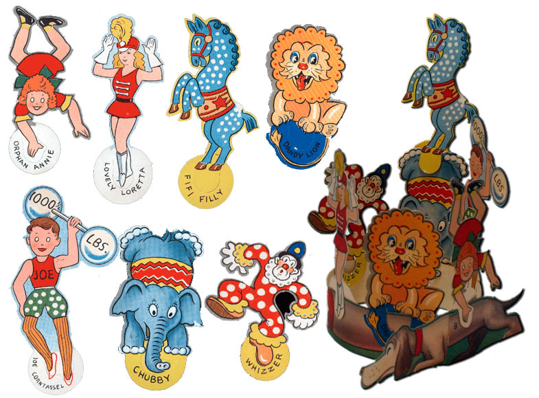 Dachshund Circus Ring with Droopy Dachshund FiFi Filly, Lovely Loretta, Whizzer the Clown, Orphan Annie, Chubby the Elephant, and Joe Corntassel
